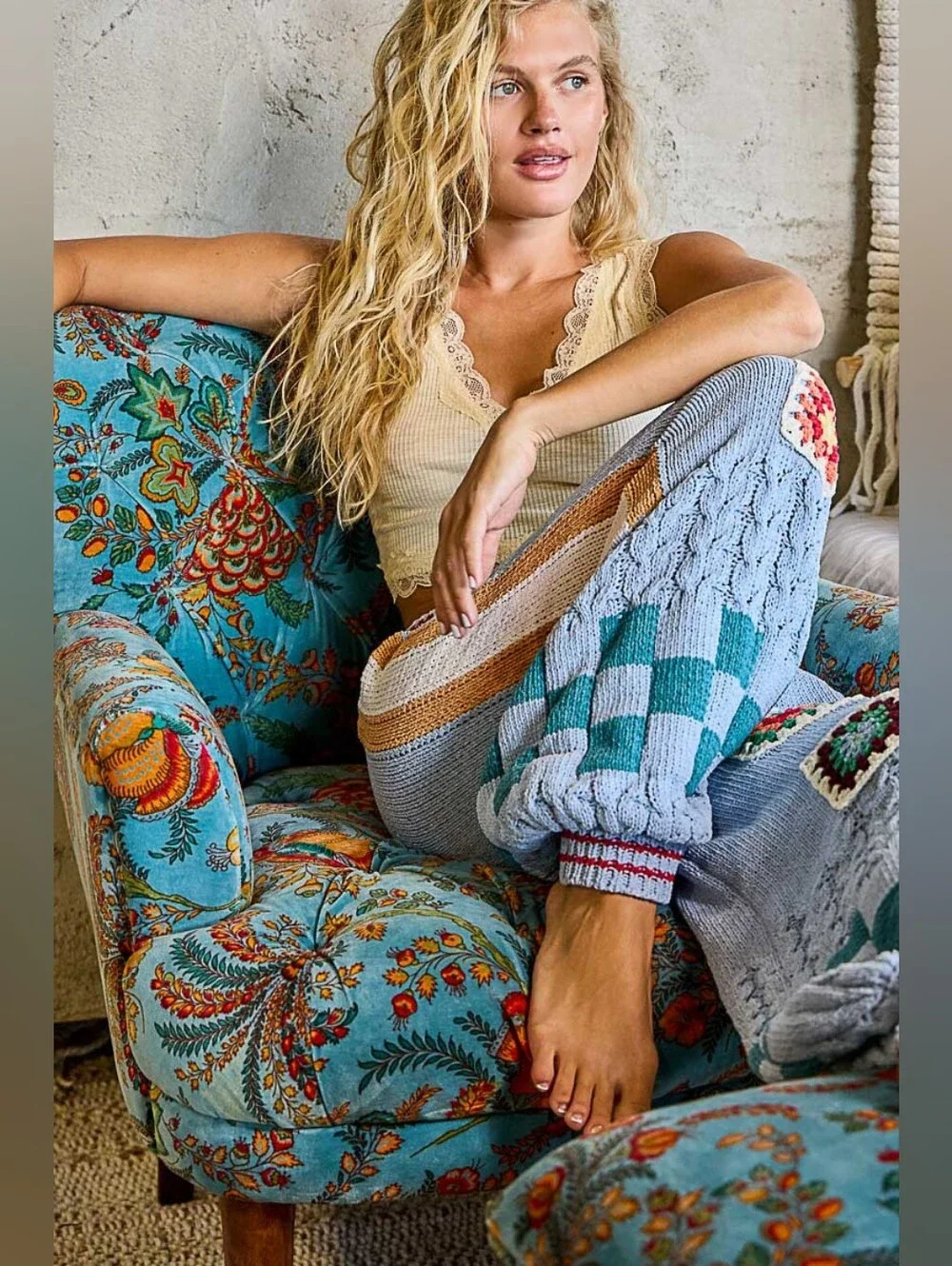 POL Crochet Granny Square Patch Chenille Sweater Cardigan Jogger Coordinated Set